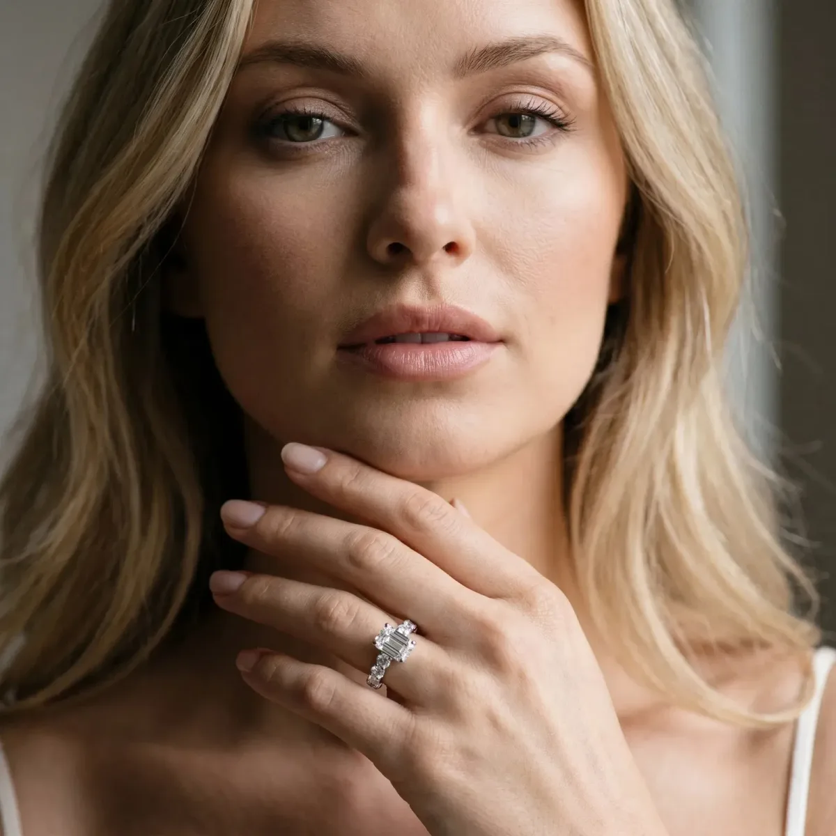 Emerald Cut Diamond Prong Setting with Side Stones on a Pave Band Platinum