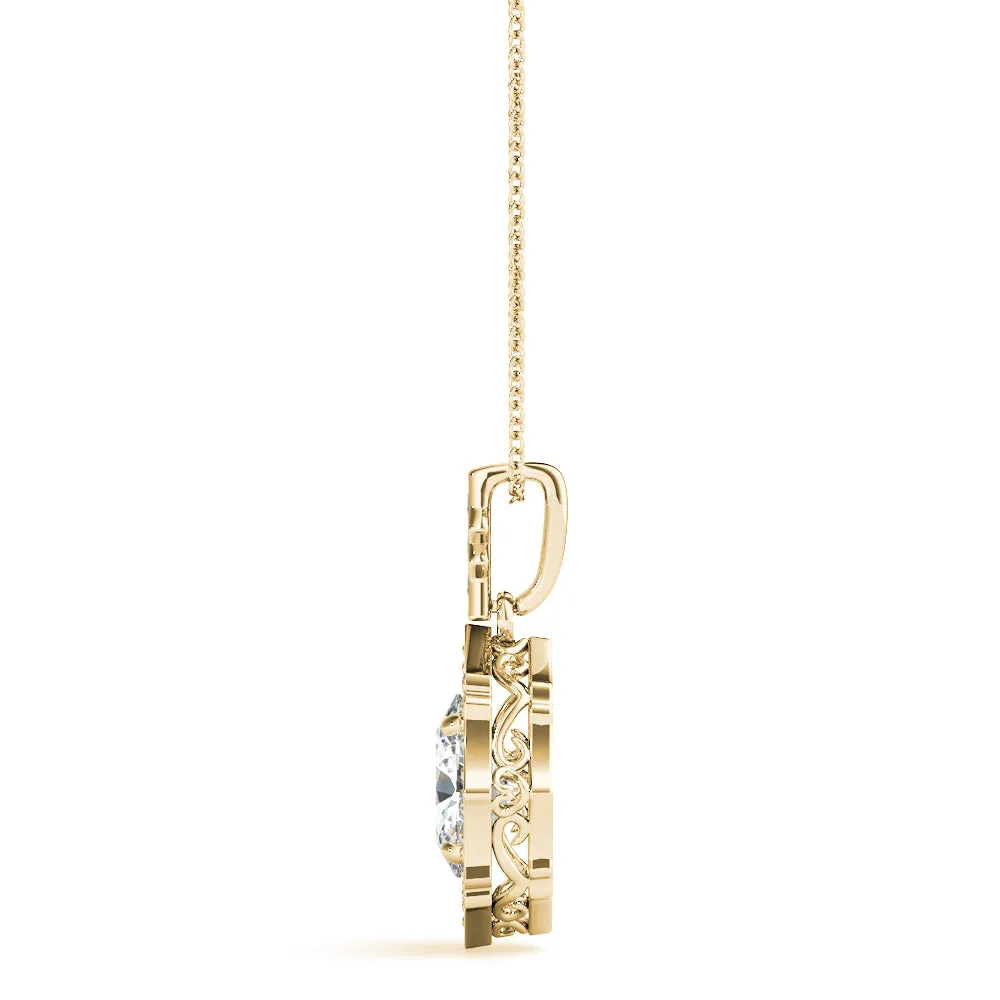 Oval Diamond Halo Pendant with Milgrain Prong Setting Yellow gold