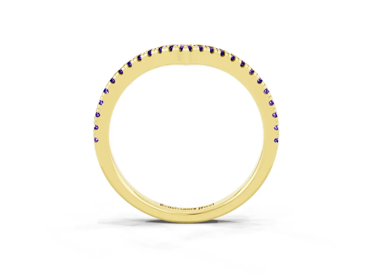 Pavé Round Tanzanite V-Shaped Chevron Band with Shared Prong Setting Yellow gold