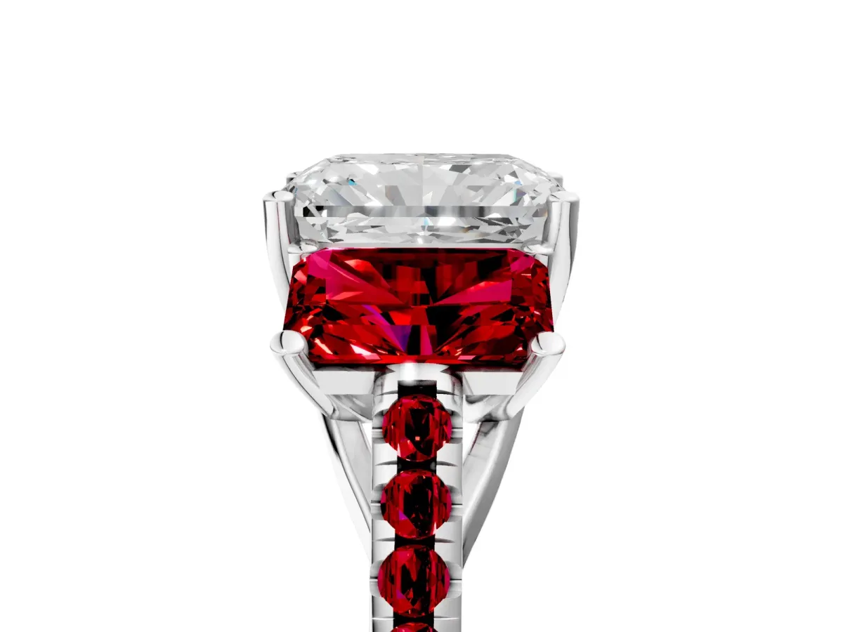 Three-Stone Radiant Cut Diamond Ring with Round Ruby Pavé Band and Prong Setting Silver