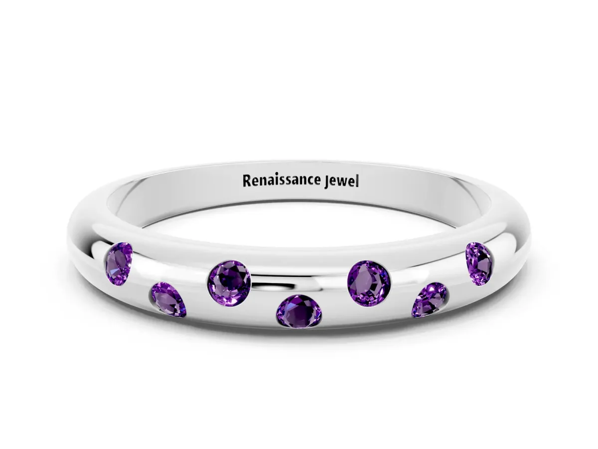 Round Amethyst Flush-Set Comfort Fit Band White gold