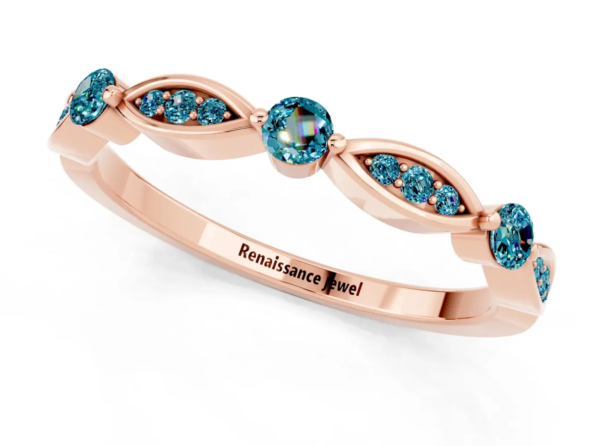 Marquise and Round Blue Topaz Milgrain Band with Bezel Setting Rose gold