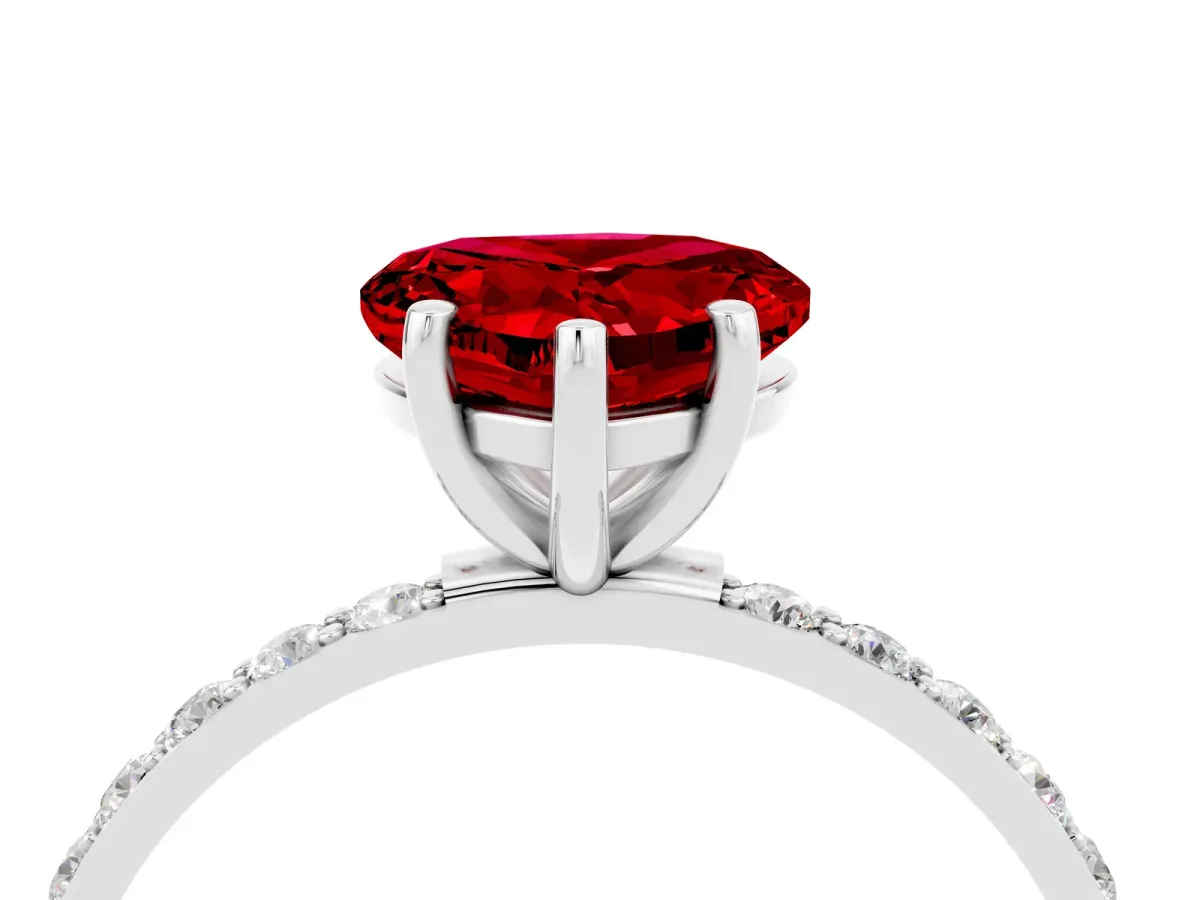 Heart Cut Ruby Solitaire Ring with Round Pavé Band and Prong Setting Platinum