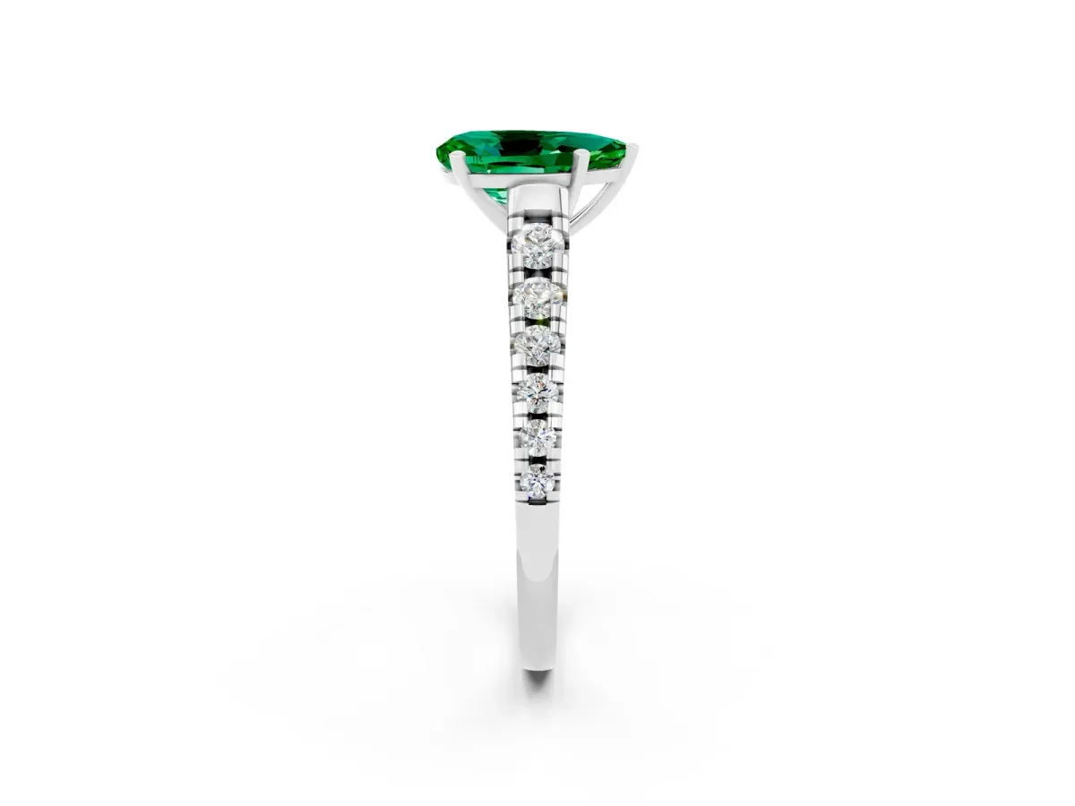 Pear Cut Emerald Cathedral Solitaire Ring with Round Pavé Band Silver