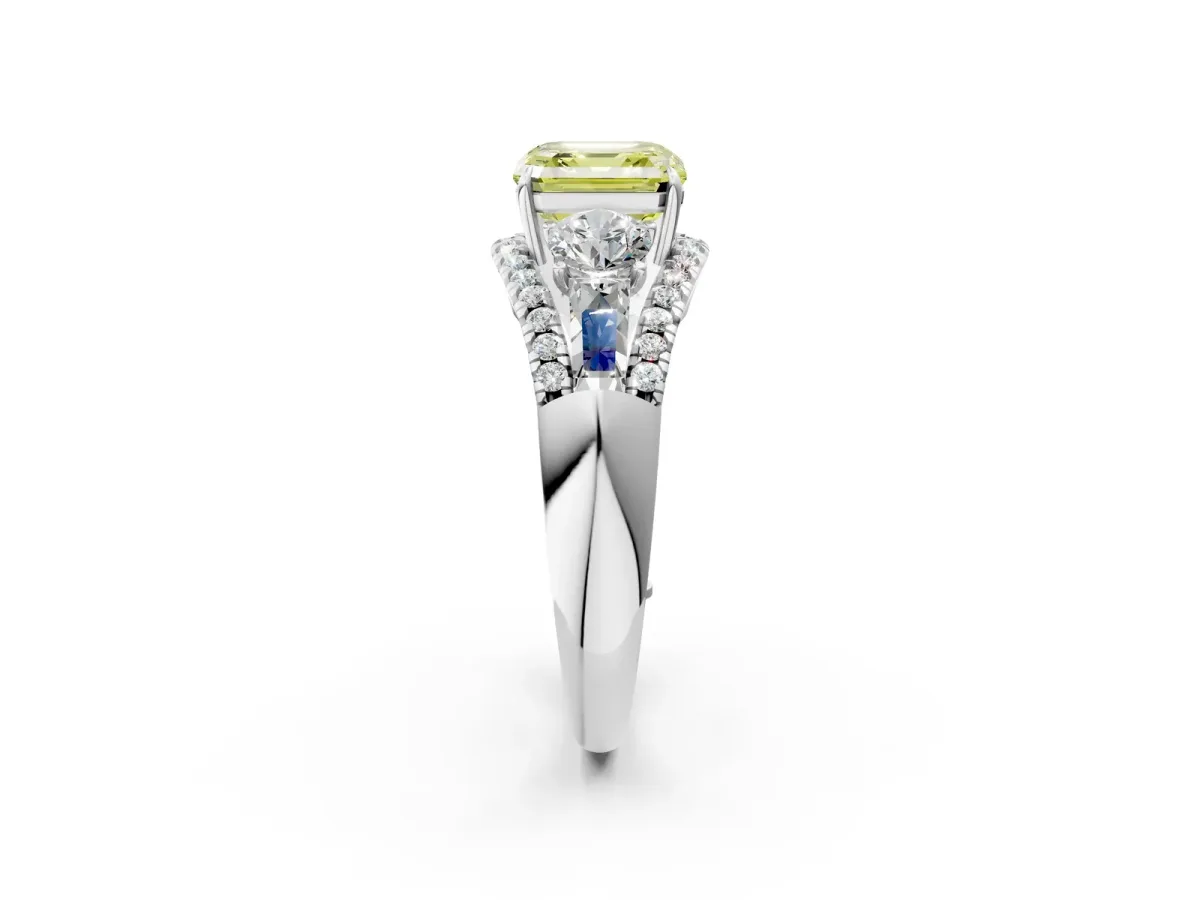 Fancy Yellow Three-Stone Asscher Cut Diamond Engagement Ring with Pave Band and Prong Setting Platinum