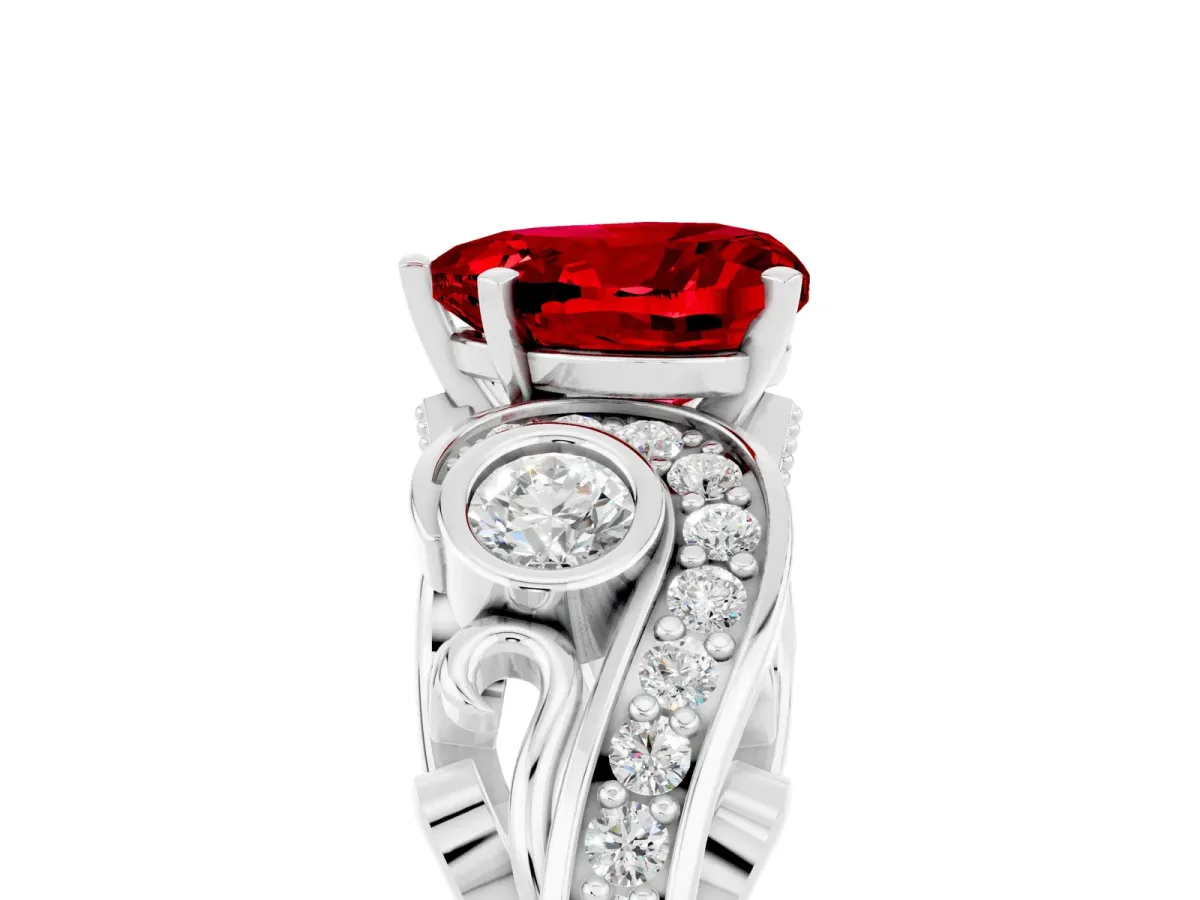 Heart Cut Ruby Solitaire Ring with Milgrain Pavé Band and Four-Prong Setting White gold