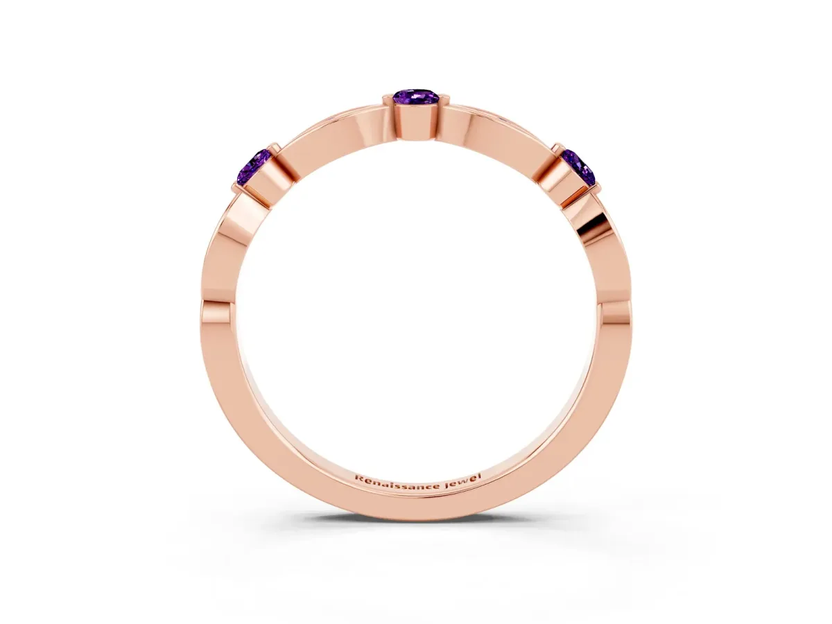 Marquise and Round Amethyst Milgrain Band with Bezel Setting Rose gold
