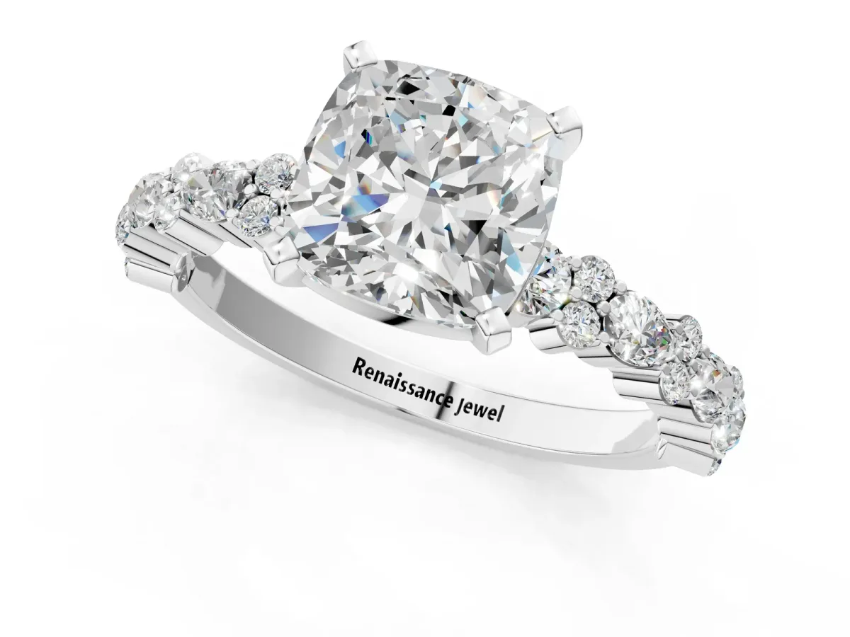 Cushion Cut Diamond Side Stone Solitaire Ring with Round Moissanite and Four-Prong Setting Platinum