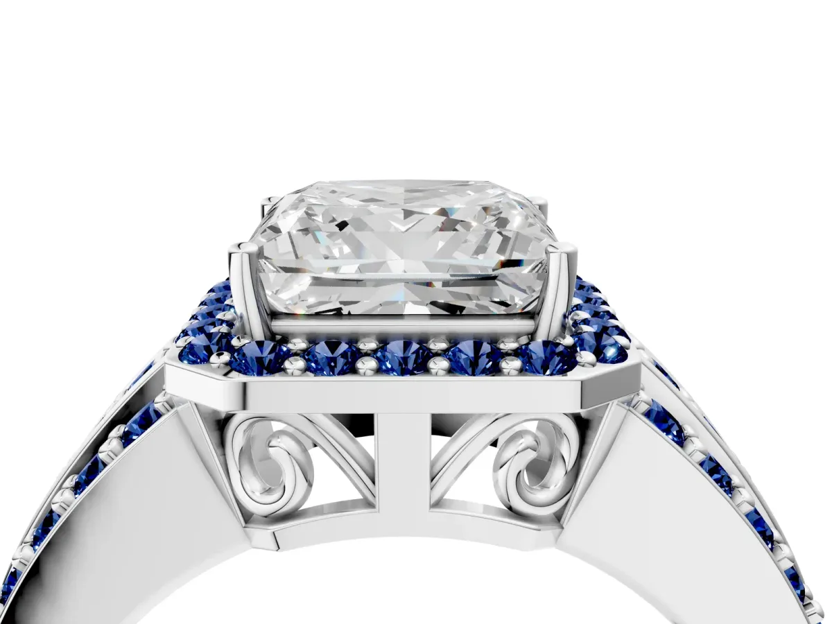 Princess Cut Halo Diamond Ring with Round Blue Sapphire Split Shank and Prong Setting Silver