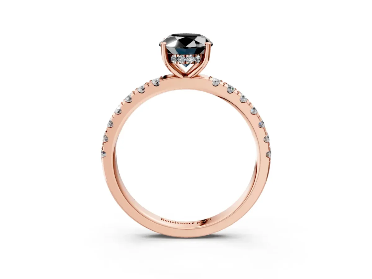 Fancy Black Oval Cut Diamond Pave Band Solitaire Ring with Round and Prong Setting Rose gold