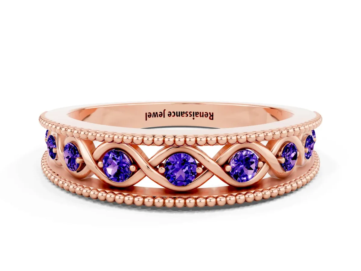Round Tanzanite Twist Milgrain Band with Bezel Setting Rose gold