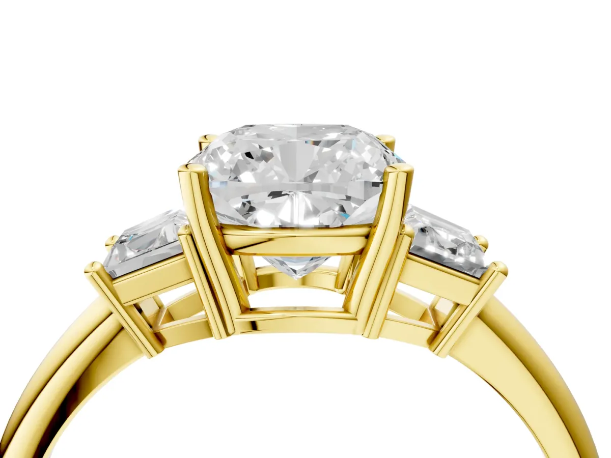 Cushion Cut Diamond Three-Stone Ring with Trapezoid Side Stones and Prong Setting Yellow gold