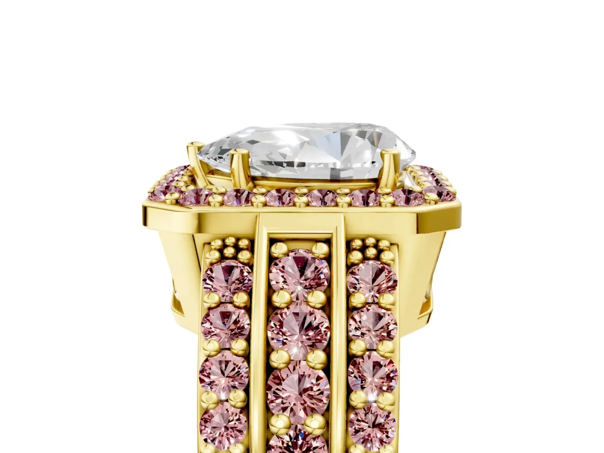 Pear Cut Halo Diamond Ring with Round Morganite Split Shank and Prong Setting Yellow gold