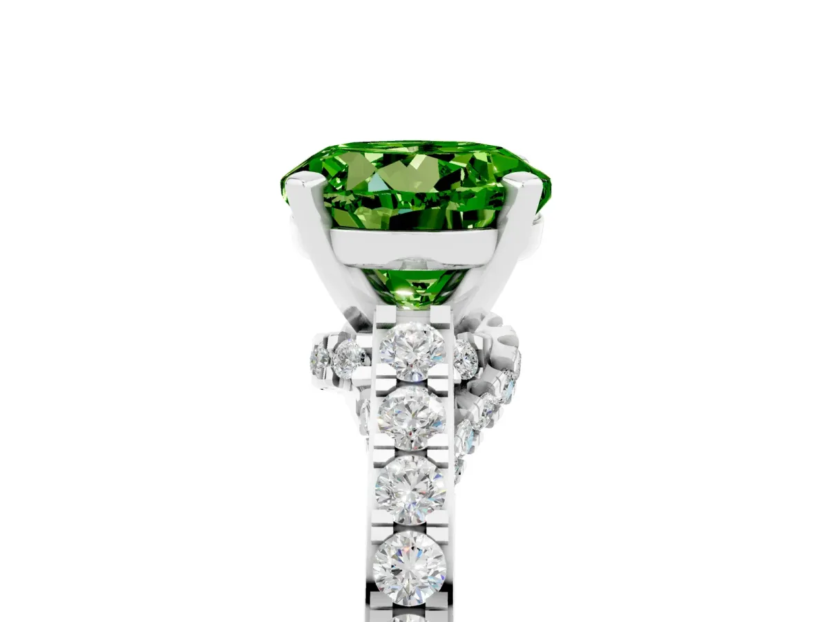 Round Cut Peridot Solitaire Ring with Crossover Gallery and Round Pavé Band Silver