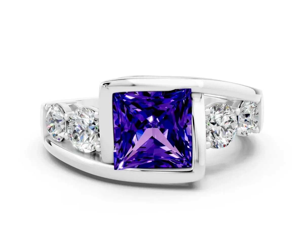 Bezel Set Princess Cut Tanzanite Bypass Ring with Round Accents Platinum