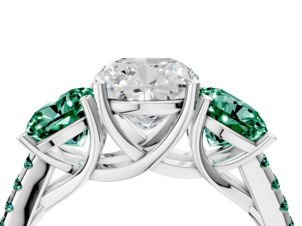 Three-Stone Cushion Cut Diamond Ring with Round Green Sapphire Pavé Band and Prong Setting Silver