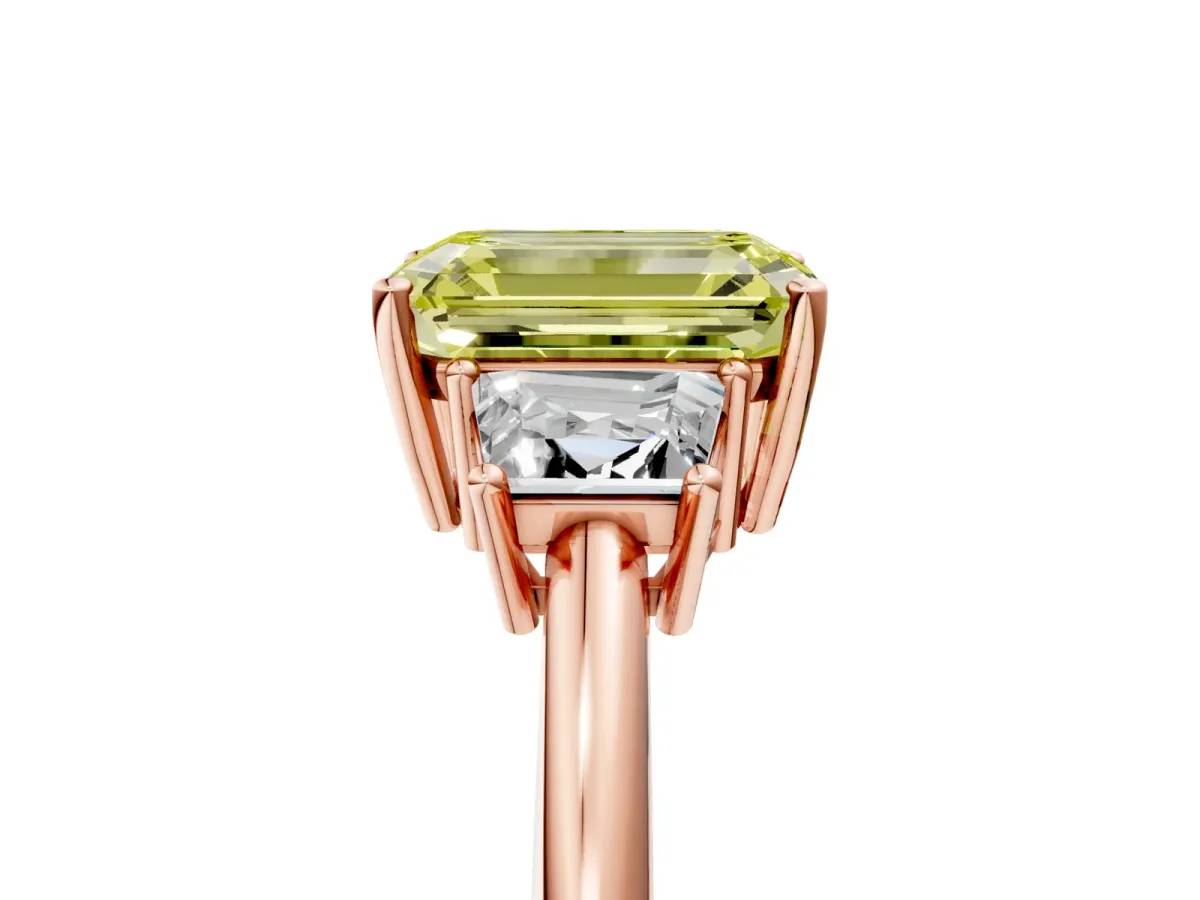 Fancy Yellow Emerald Cut Diamond Three-Stone Ring with Trapezoid Side Stones and Prong Setting Rose gold