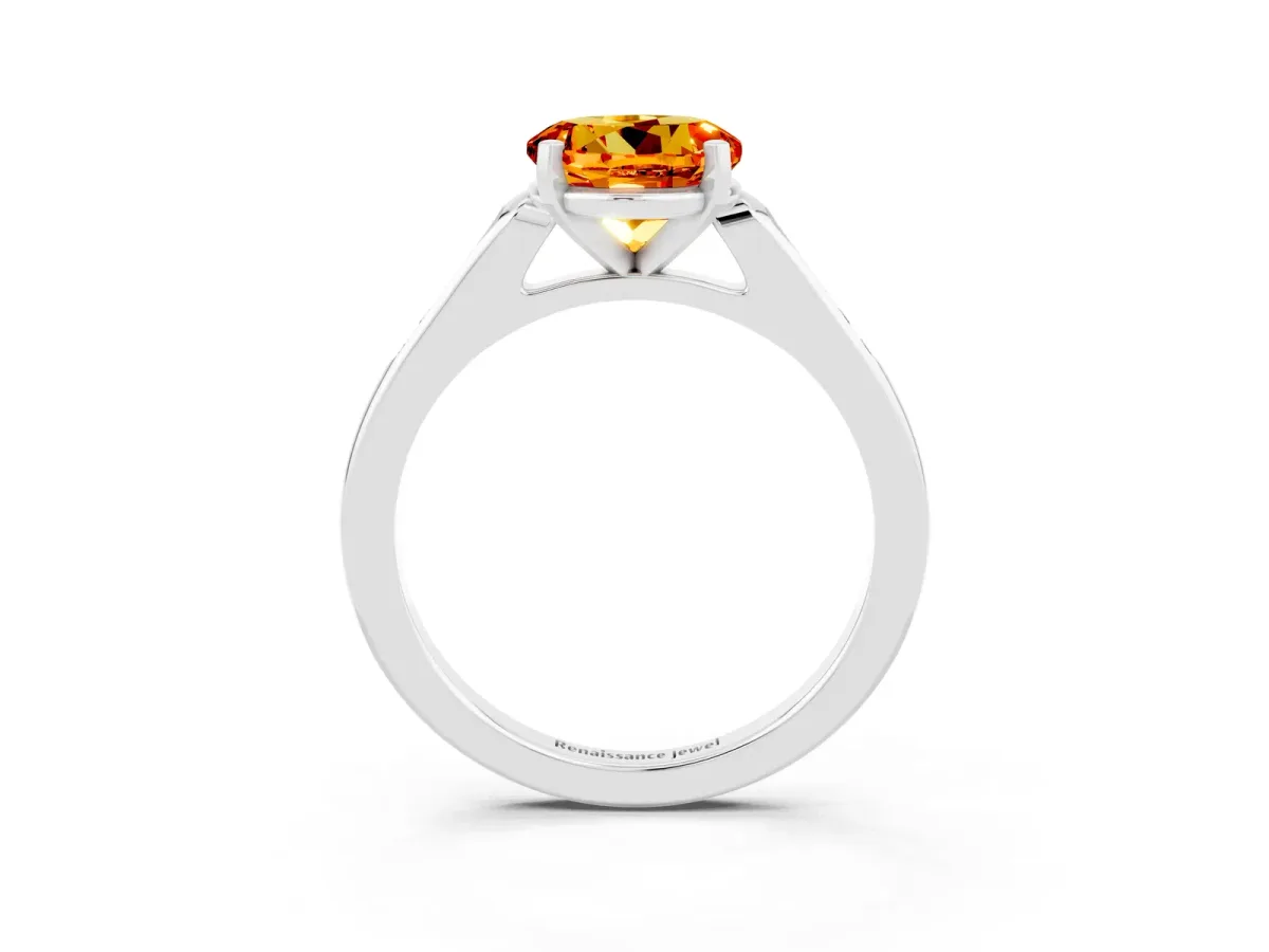 Round Cut Citrine Solitaire Ring with Channel Set Round Band and Prong Setting Platinum