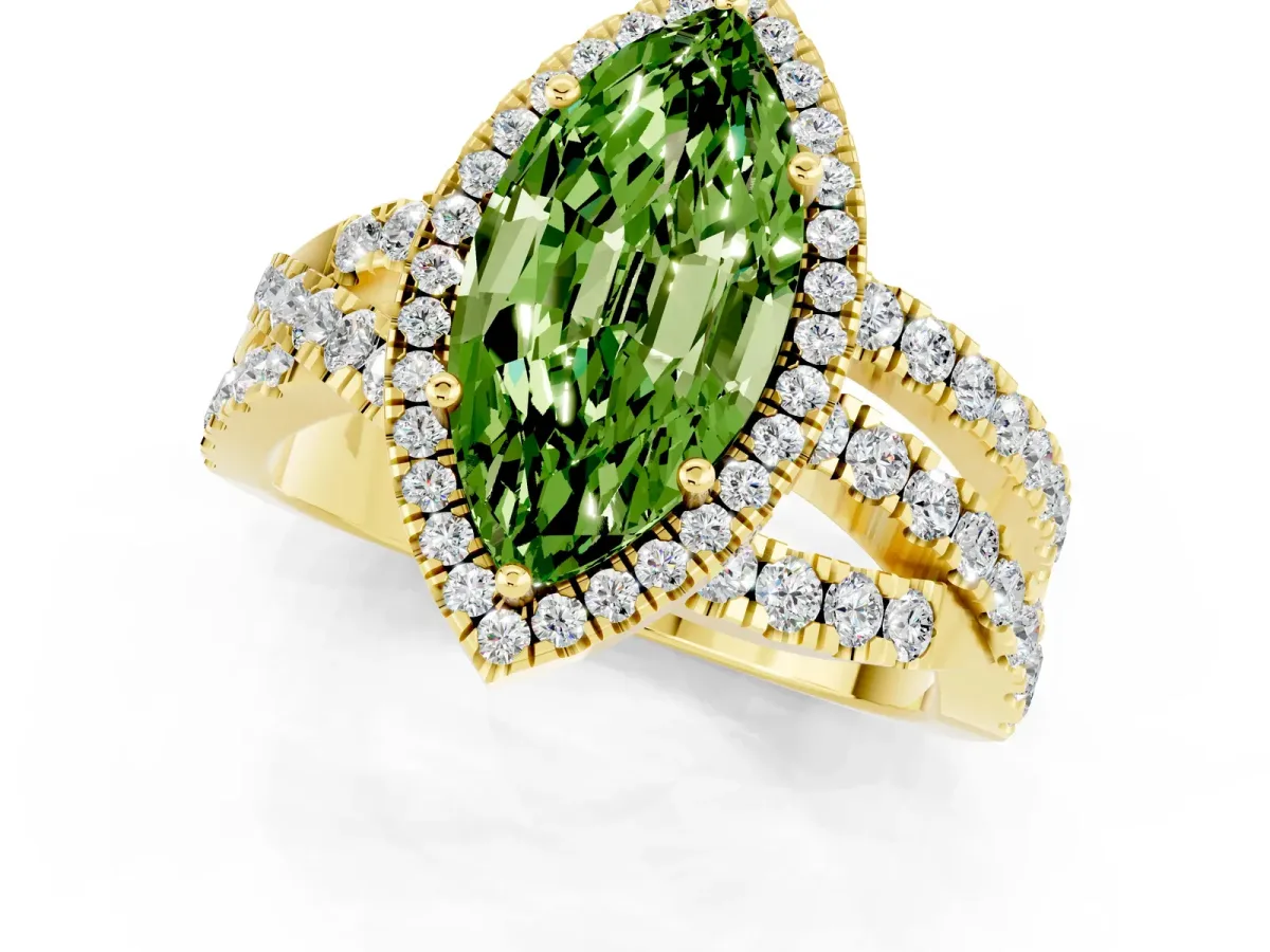Marquise Cut Peridot Halo Ring with Round Split Shank and Prong Setting Yellow gold