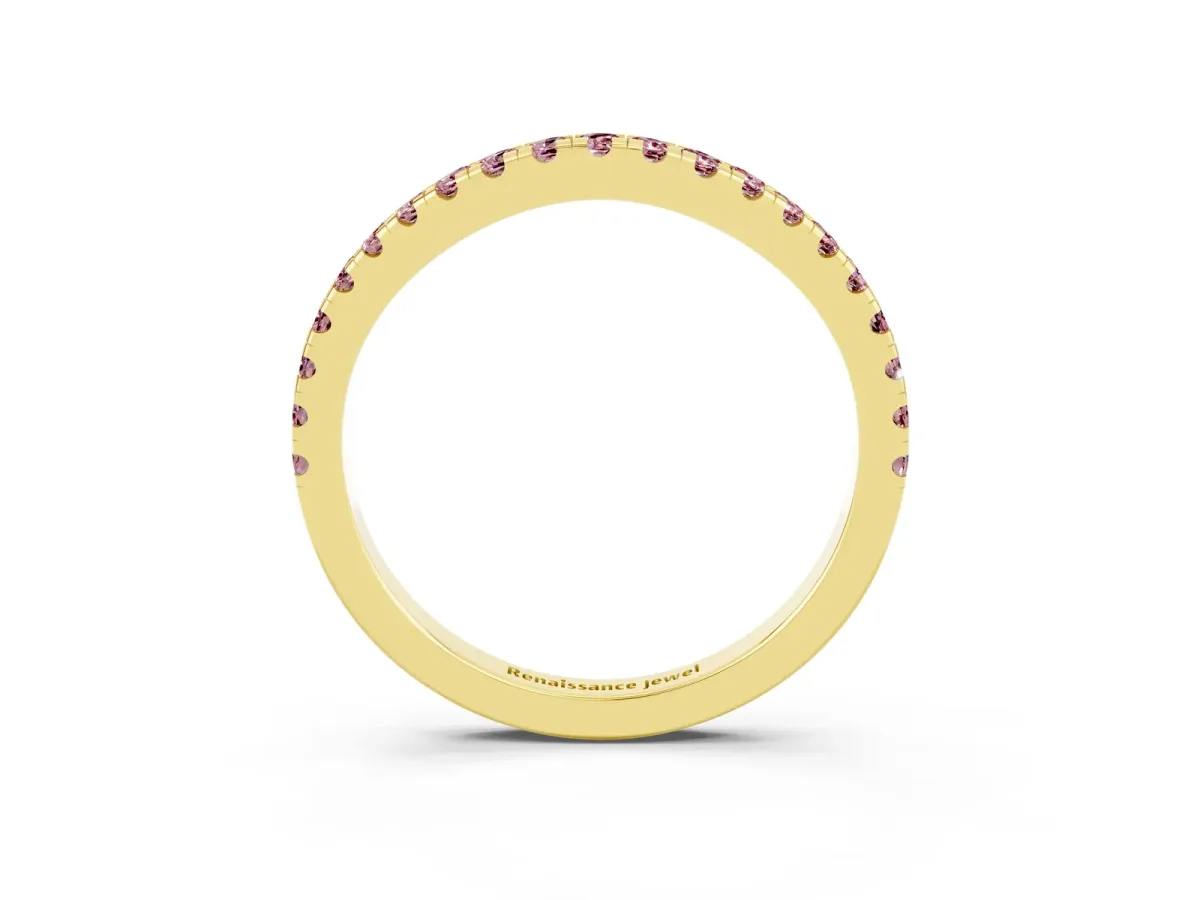 Round Morganite Pavé Half Eternity Band with Shared Prong Setting Yellow gold