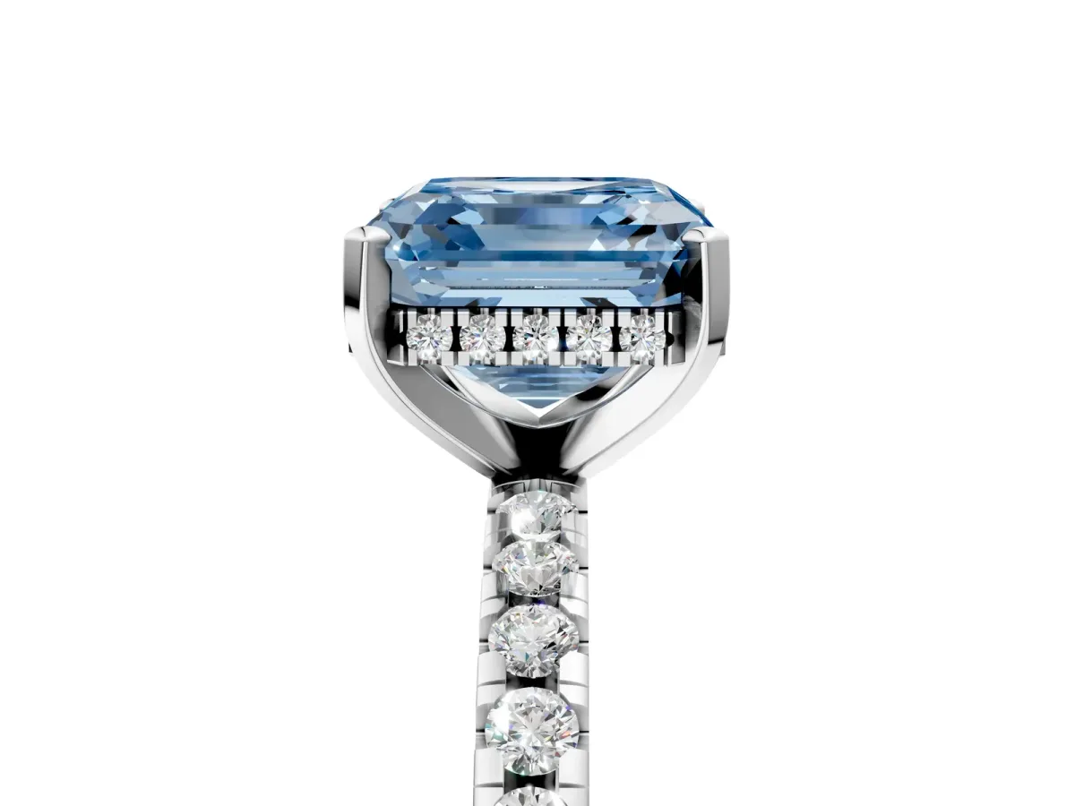 Fancy Blue Asscher Cut Diamond Solitaire Ring with Round Pavé Band and Four-Prong Setting Silver