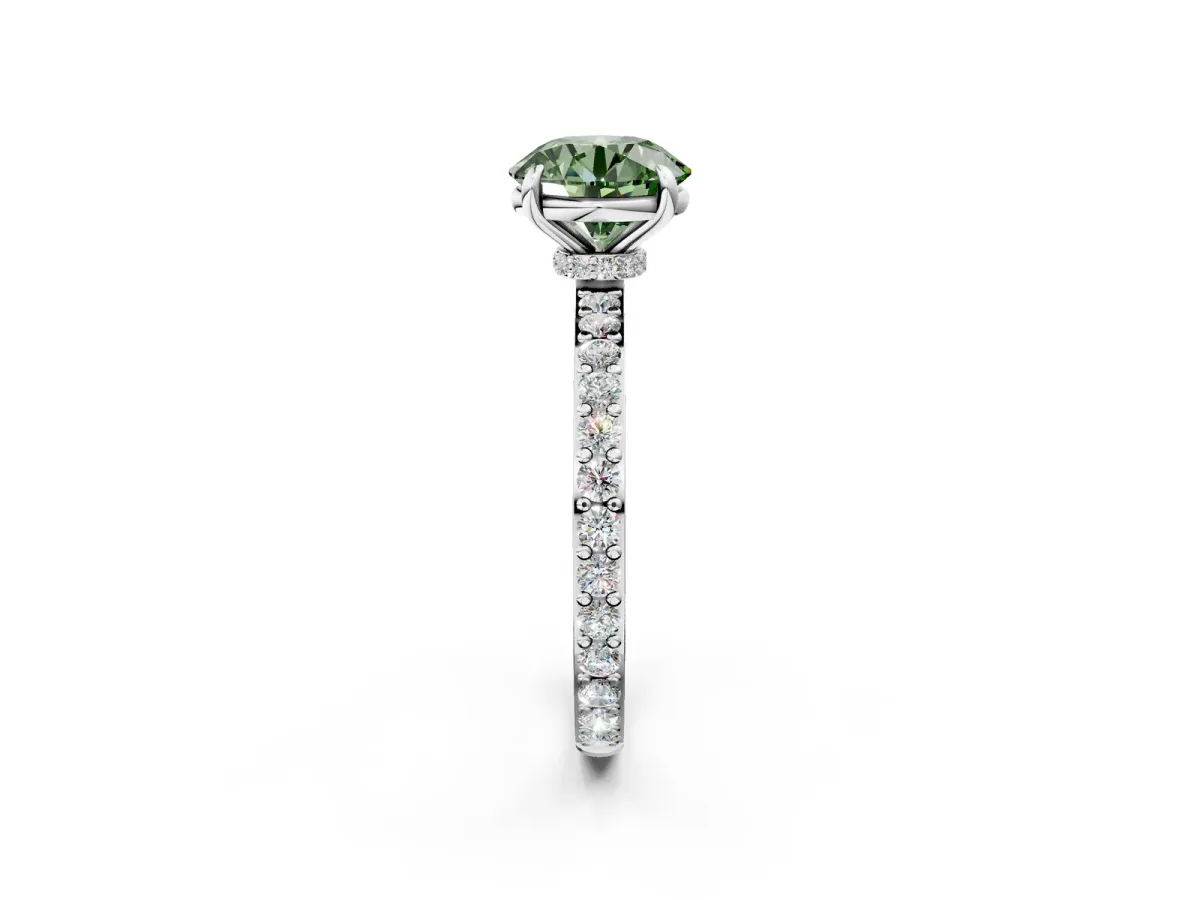 Fancy Green Round Cut Diamond Solitaire Engagement Ring with Pavé Band and Four-Prong Setting Silver