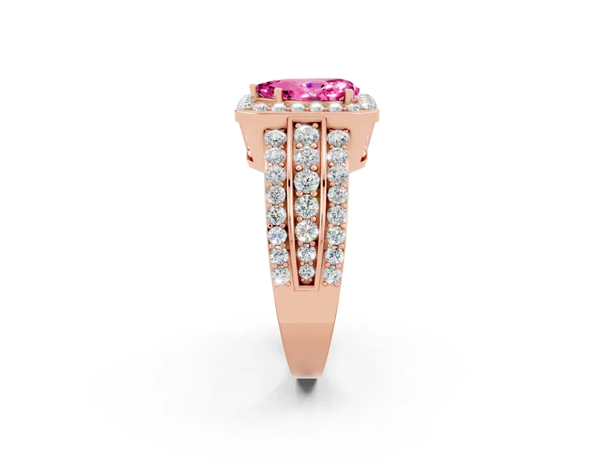 Pear Cut Halo Pink Sapphire Ring with Round Split Shank and Prong Setting Rose gold