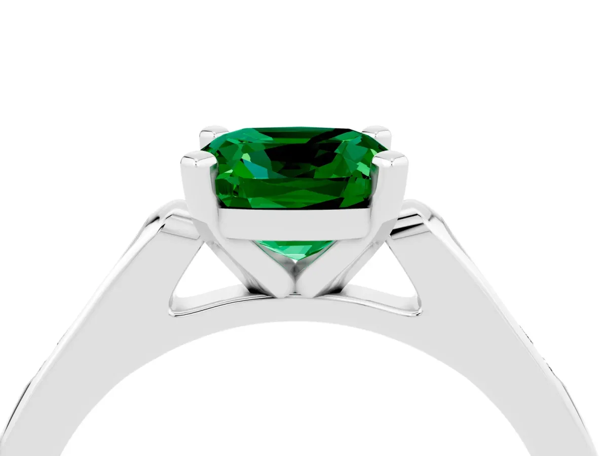 Cushion Cut Emerald Solitaire Ring with Channel Set Round Band and Prong Setting Silver