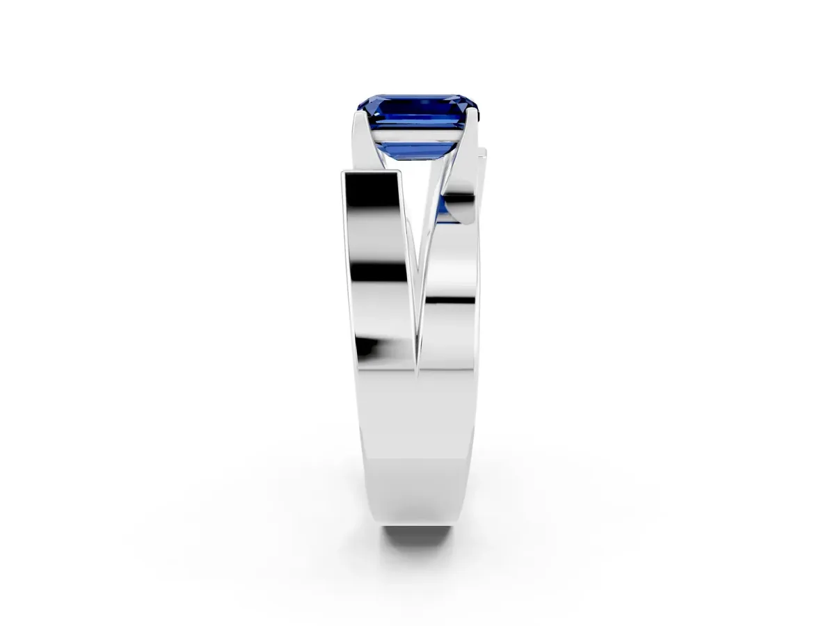 Modern Tension Set Emerald Cut Blue Sapphire Solitaire Wide Band Ring Silver