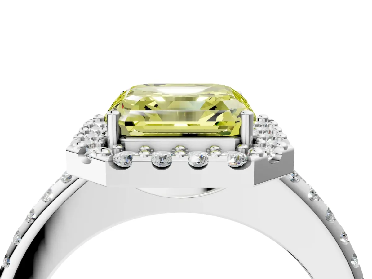 Fancy Yellow Asscher Cut Diamond Pavé Halo Ring with Four-Prong Setting Platinum
