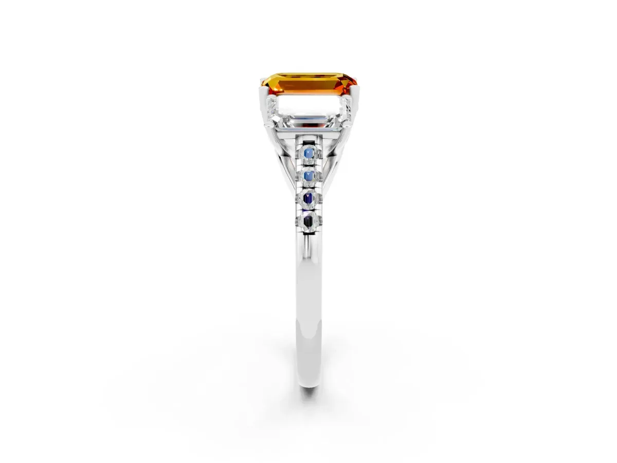 Three-Stone Emerald Cut Citrine Ring with Round Pavé Band and Prong Setting Silver