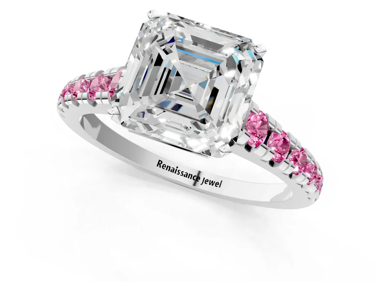 Asscher Cut Diamond Cathedral Solitaire Ring with Round Pink Sapphire Pavé Band Silver