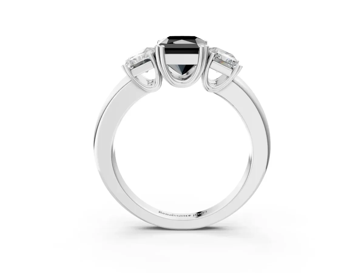 Fancy Black Three-Stone Radiant Cut Cut Diamond Ring with Channel Set Band and Four-Prong Setting Silver