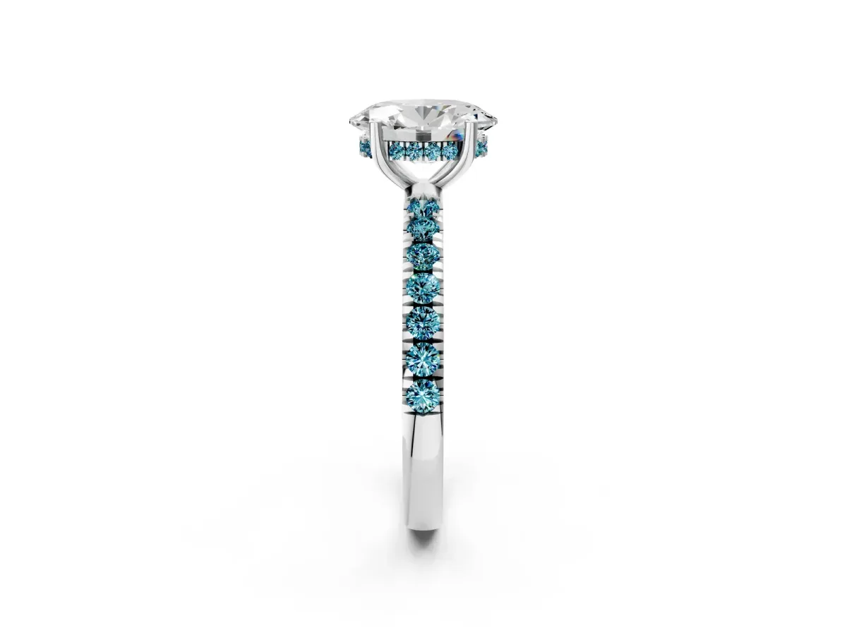Oval Cut Diamond Pave Band Solitaire Ring with Round Blue Topaz and Prong Setting Platinum