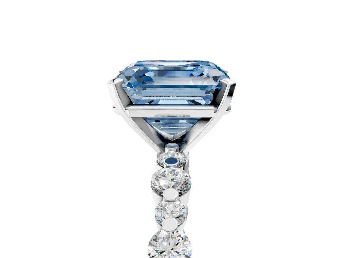 Fancy Blue Asscher Cut Diamond Prong Set Engagement Ring with Pavé Band Platinum