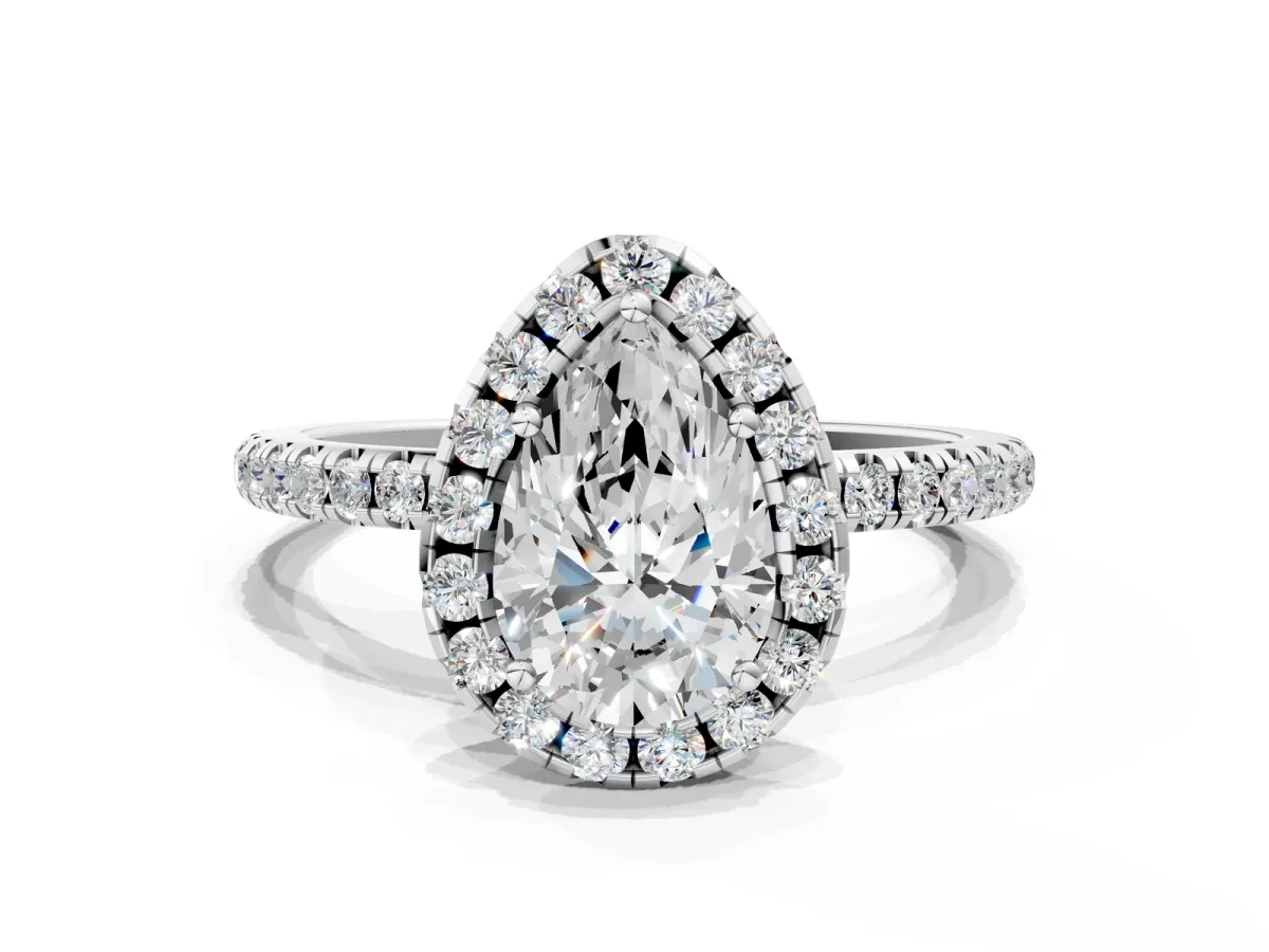 Pear Cut Diamond Halo Ring with Round Pavé Band and Prong Setting Platinum