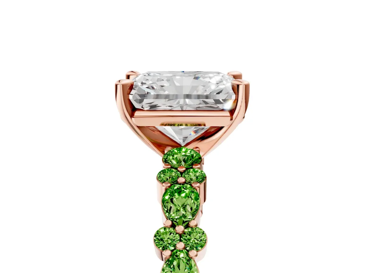 Radiant Cut Diamond Side Stone Solitaire Ring with Round Peridot and Four-Prong Setting Rose gold