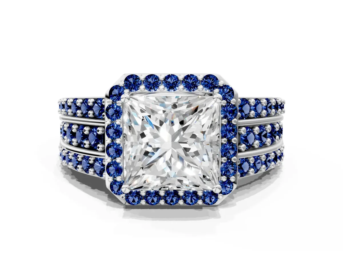 Princess Cut Halo Diamond Ring with Round Blue Sapphire Split Shank and Prong Setting Silver