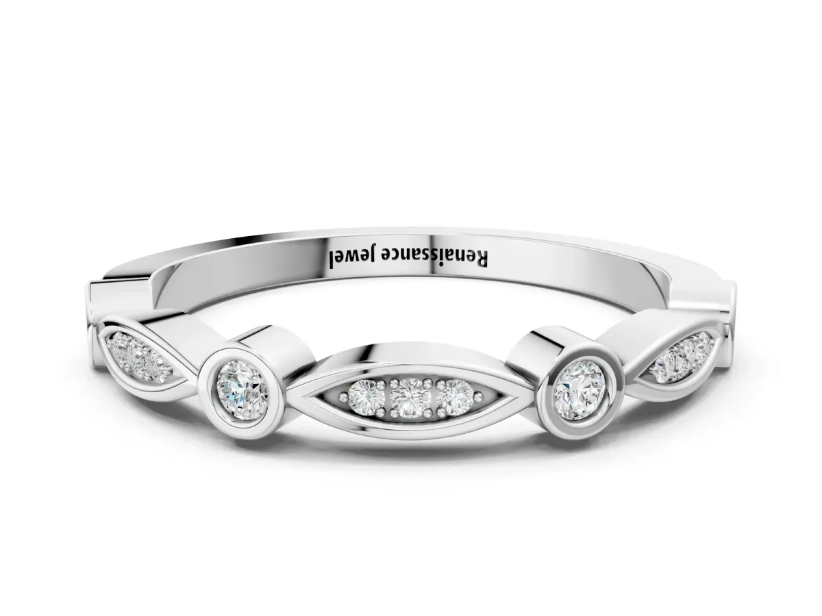 Bezel Set Marquise and Round Diamond Contour Band Silver