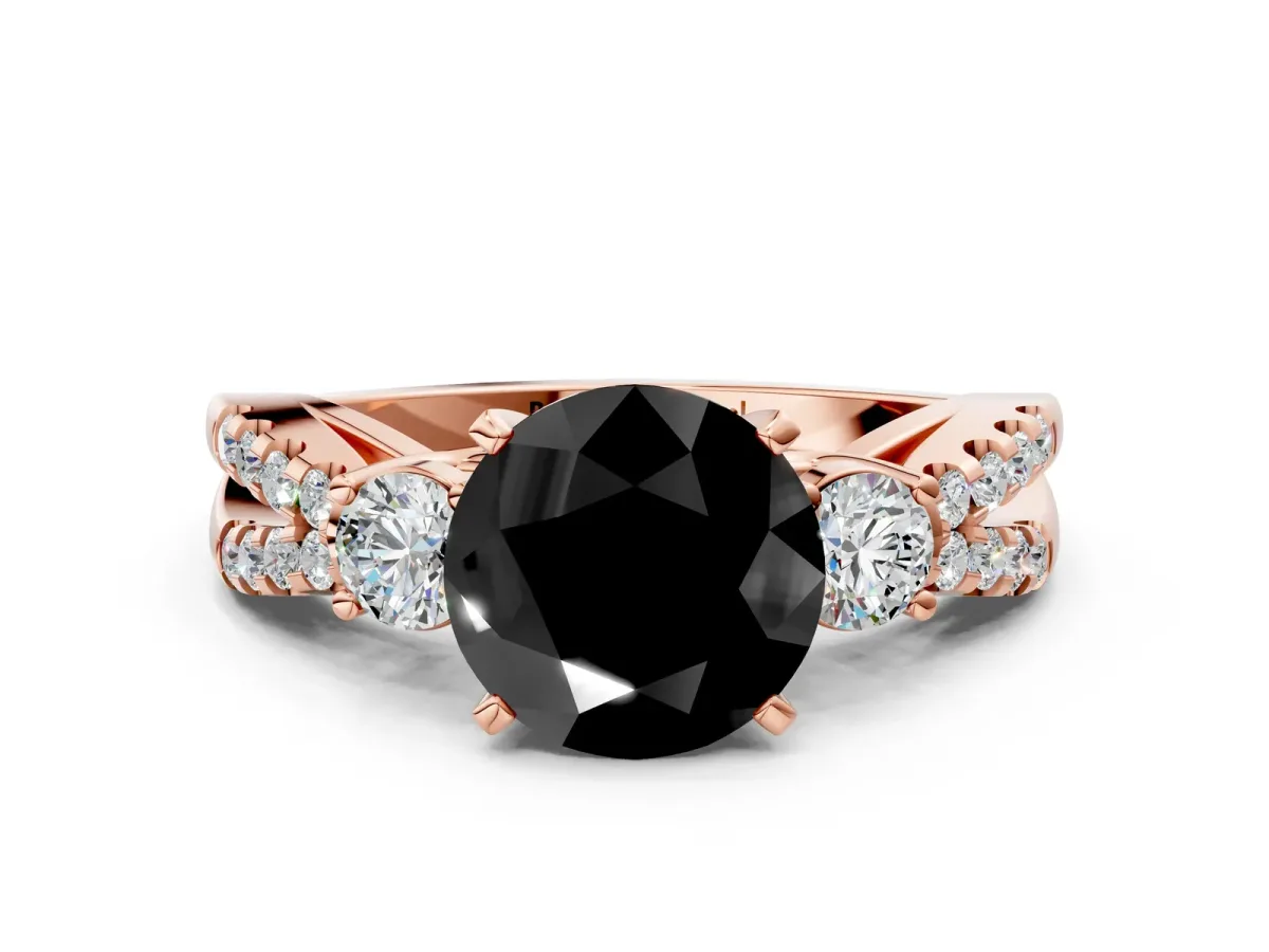 Fancy Black Round Cut Diamond Three-Stone Ring with Pavé Split Shank and Four-Prong Setting Rose gold