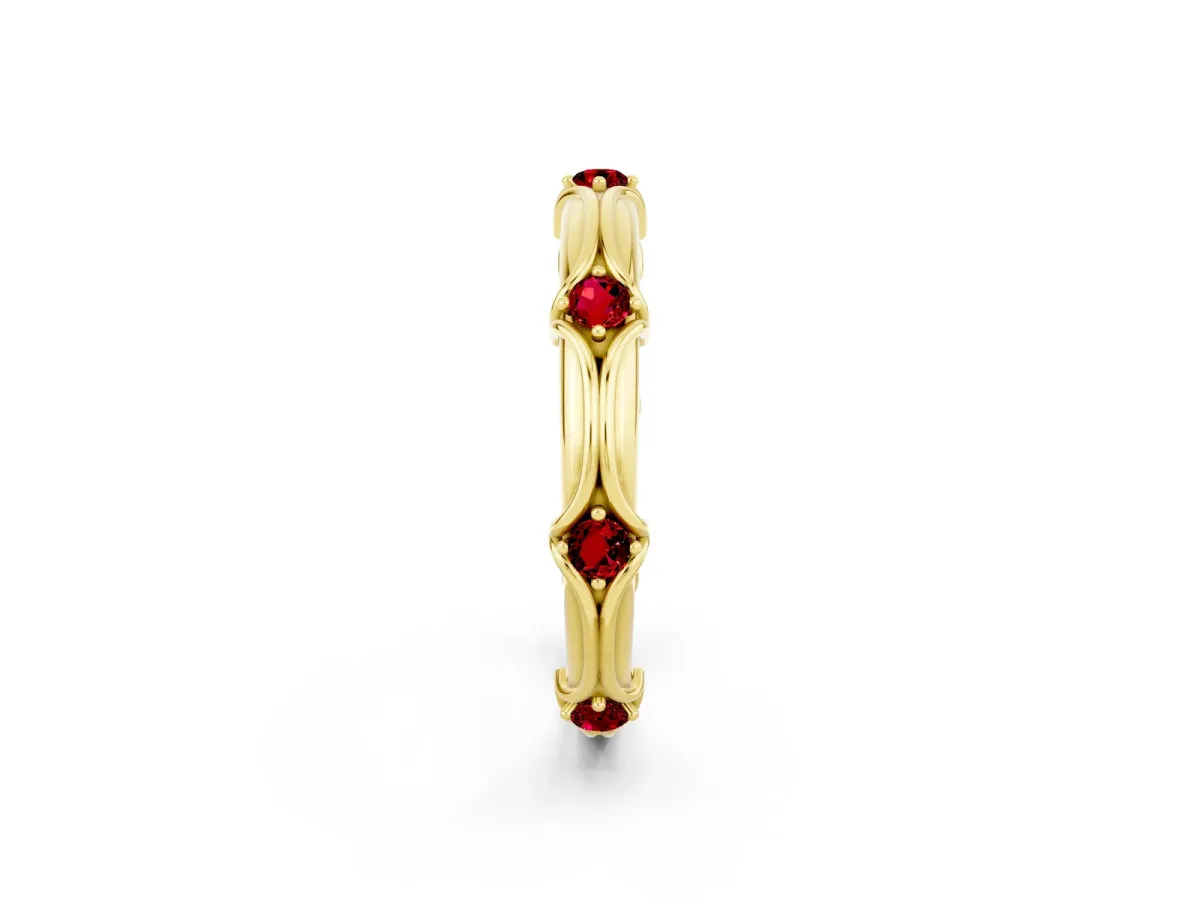 Round Ruby Prong Set Milgrain Eternity Band Yellow gold
