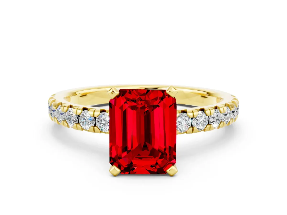 Emerald Cut Ruby Solitaire Pavé Engagement Ring with Round Band and Prong Setting Yellow gold