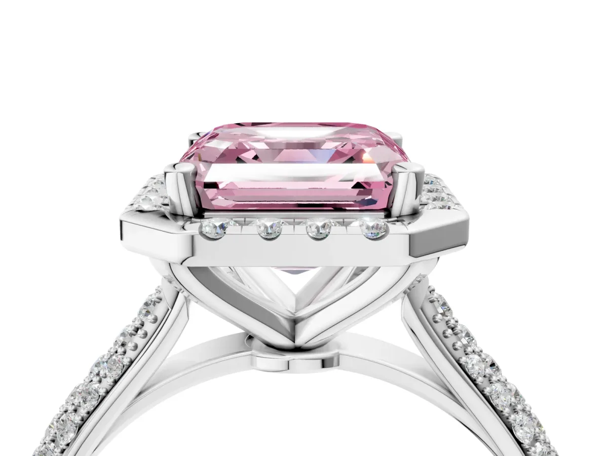 Fancy Pink Asscher Cut Cut Halo Pave Band Four-Prong Setting Ring Platinum