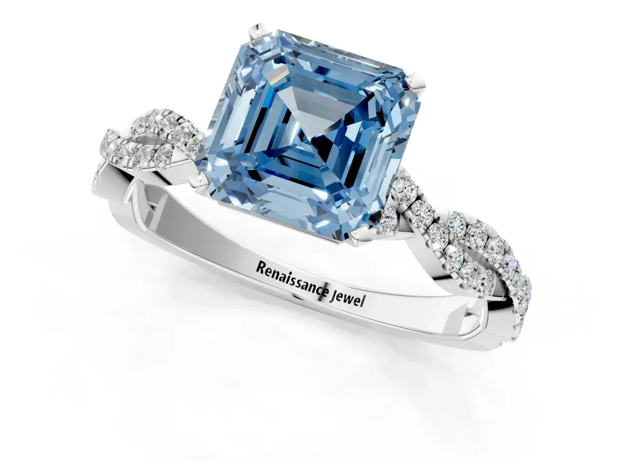 Fancy Blue Asscher Cut Solitaire Twisted Pave Band with Four-Prong Setting Platinum