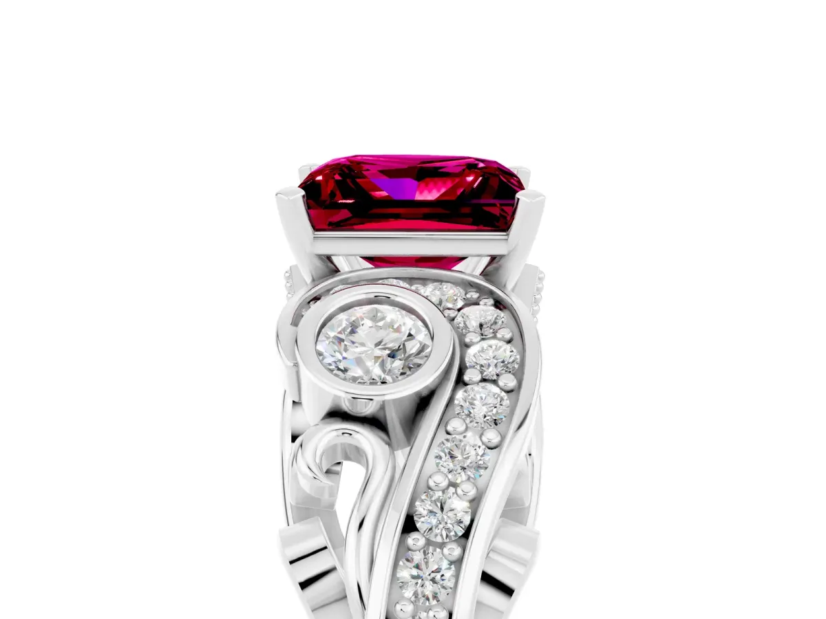 Princess Cut Garnet Solitaire Ring with Milgrain Pavé Band and Four-Prong Setting Silver