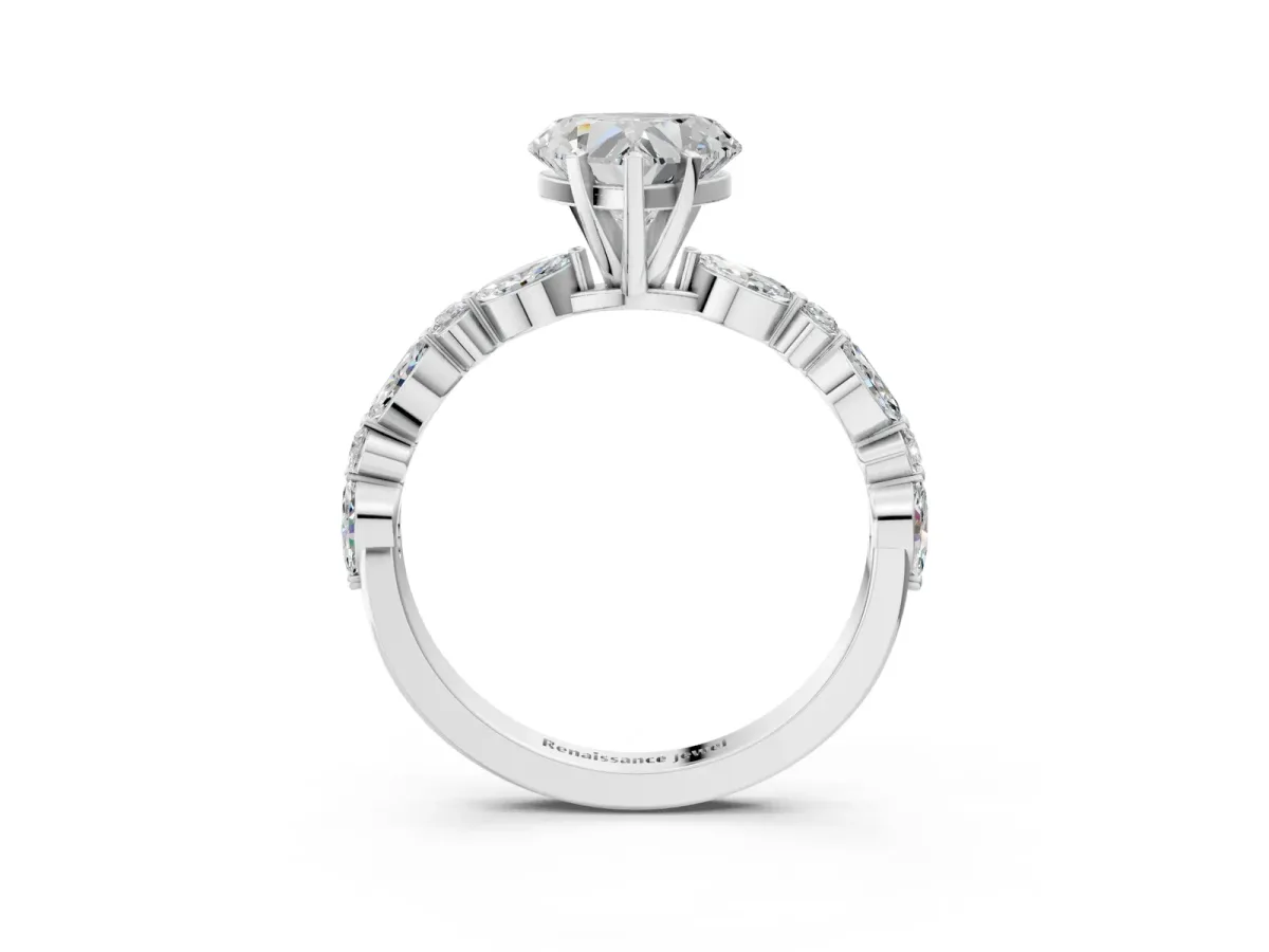 Heart Cut Diamond Ring with Marquise and Round Side Stones and Four-Prong Setting Silver