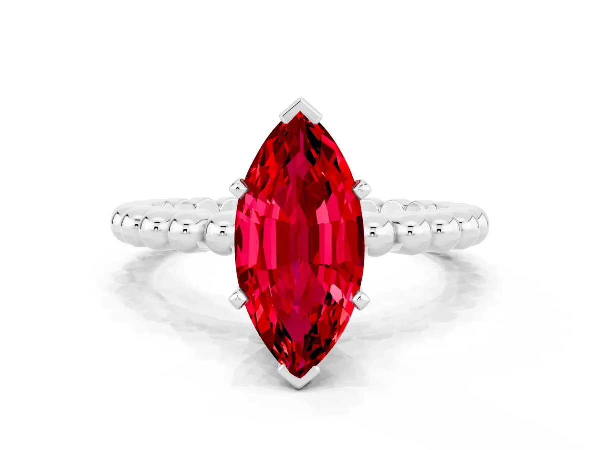 Marquise Cut Ruby Solitaire Ring with Beaded Band and Prong Setting Platinum