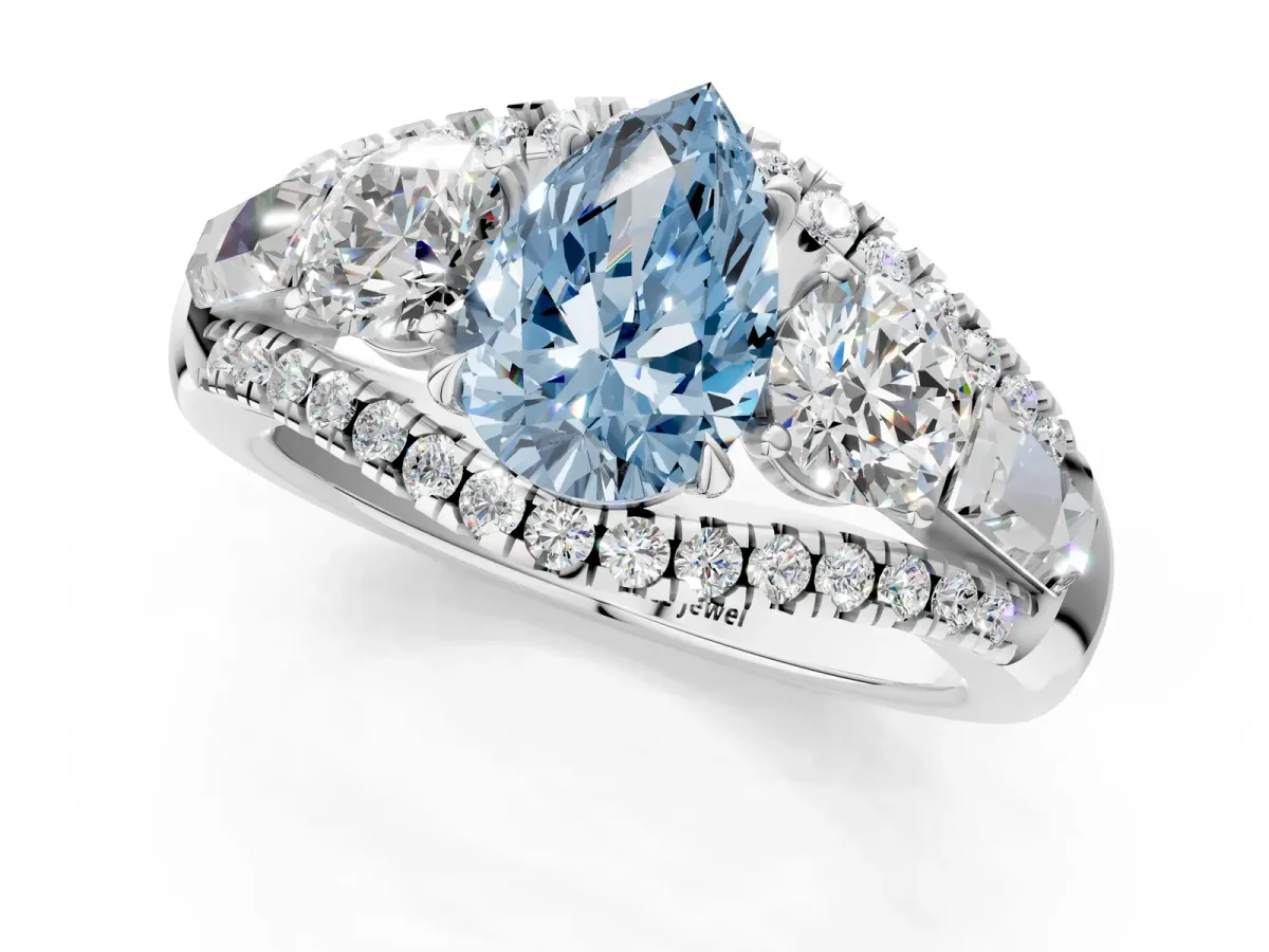 Fancy Blue Three-Stone Pear Cut Diamond Engagement Ring with Pave Band and Prong Setting Platinum