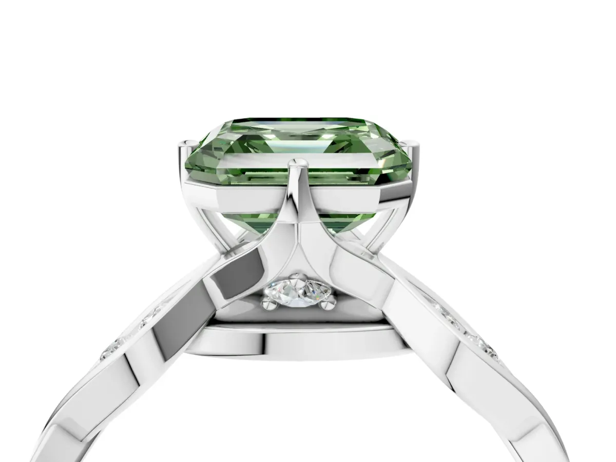Fancy Green Asscher Cut Solitaire Twist Band with Leaf Prong Setting Platinum