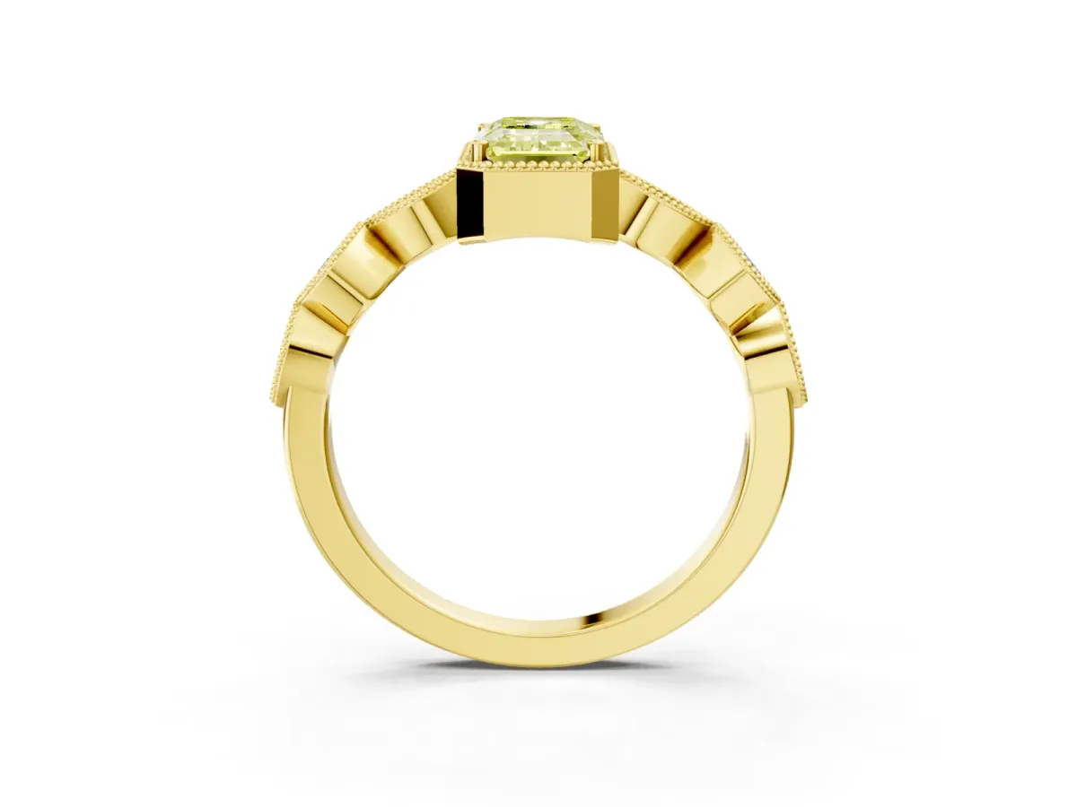 Fancy Yellow Emerald Cut Diamond Vintage Milgrain Ring with Round Stations Yellow gold